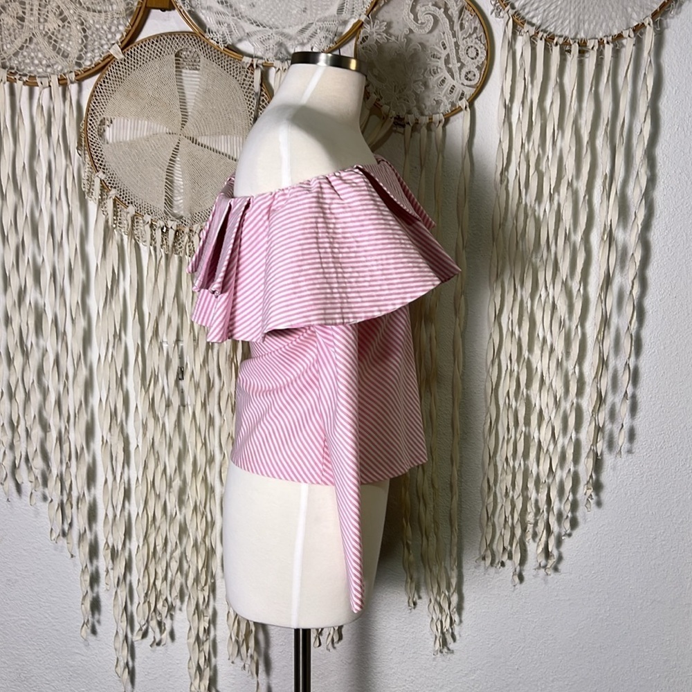 StyleKeepers Pink and White Stripe One Shoulder Long Sleeve Ruffle Top Size Sm - Picture 3 of 9